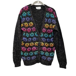 Vintage Partners Mervyns Sweater Womens S Funky Black Rainbow Fair Isle Cardigan
